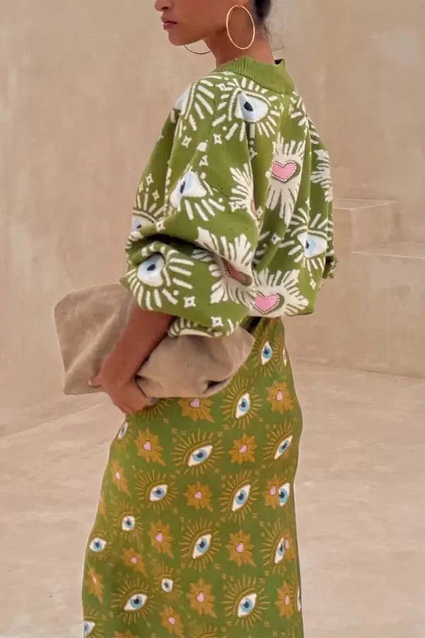 Mysterious Magic Satin Eye Heart Pattern Elastic Waist Drape Maxi Skirt