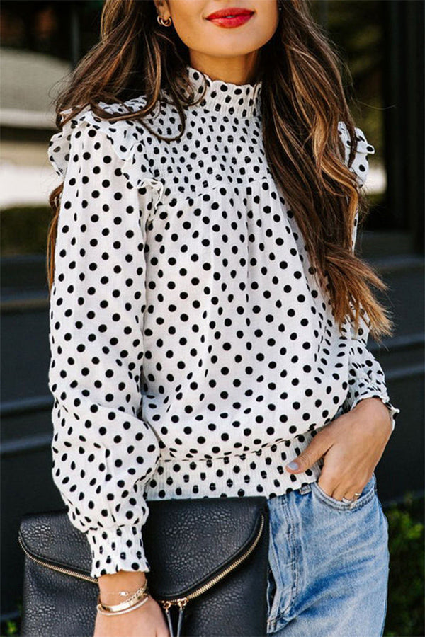 SWEET SPOT DOTTED UP PLEATED LONG SLEEVE TOP