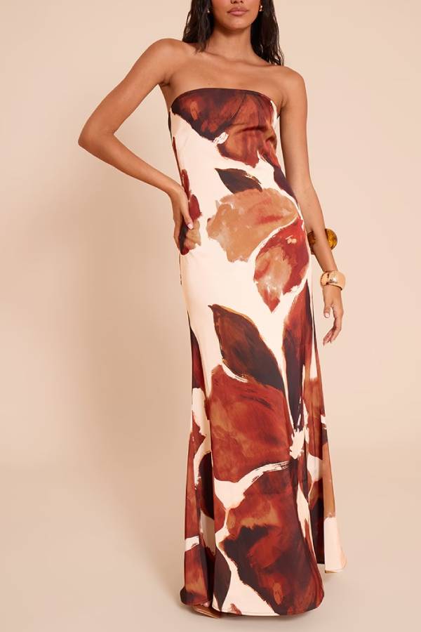 Strapless abstract print maxi dress