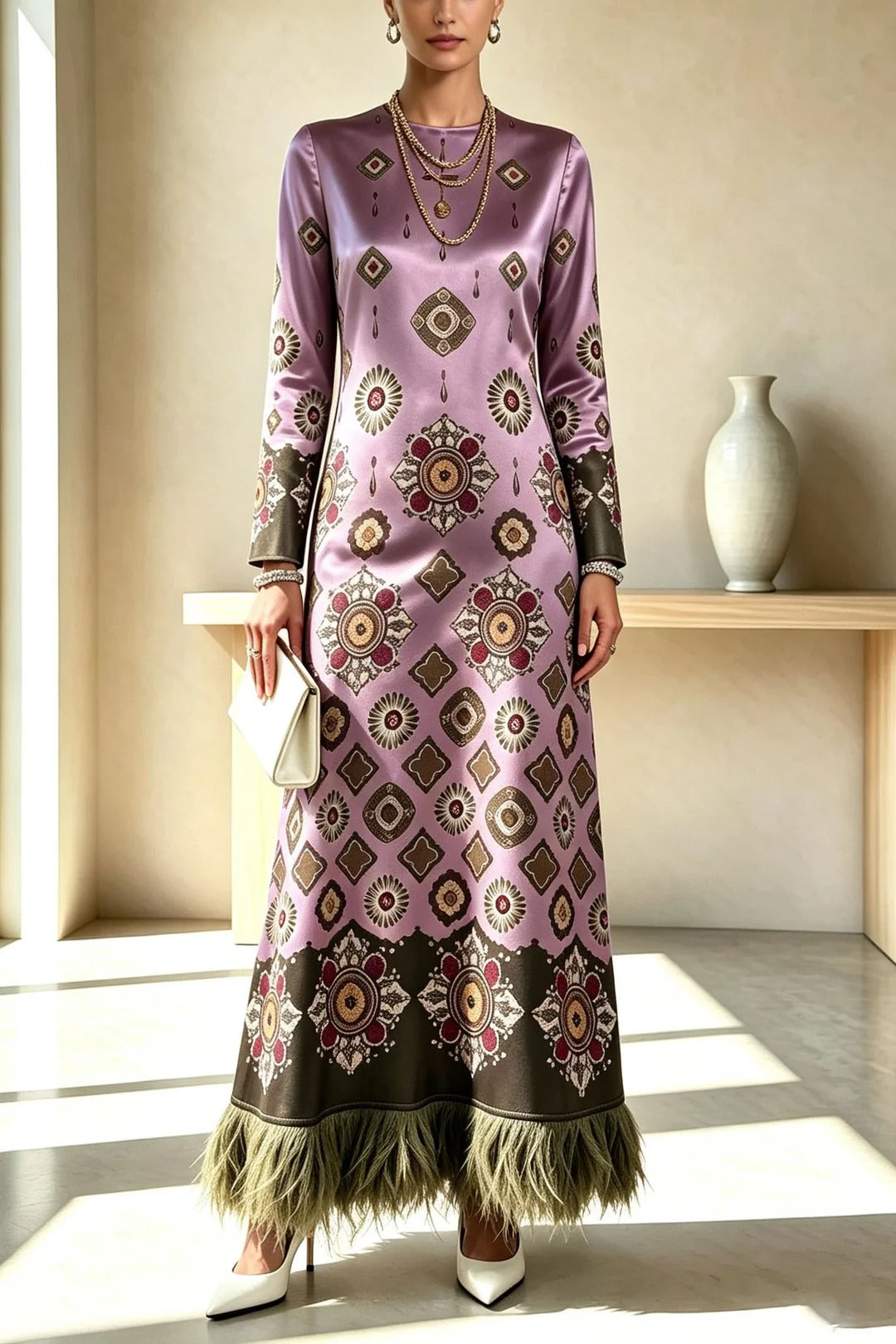Cecilia Satin Colorful Baroque Style Printed Long Sleeve Feather Trim Maxi Dress