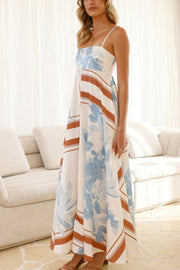Botanical Print Square Neck Suspender Casual Full Hem Maxi Dress