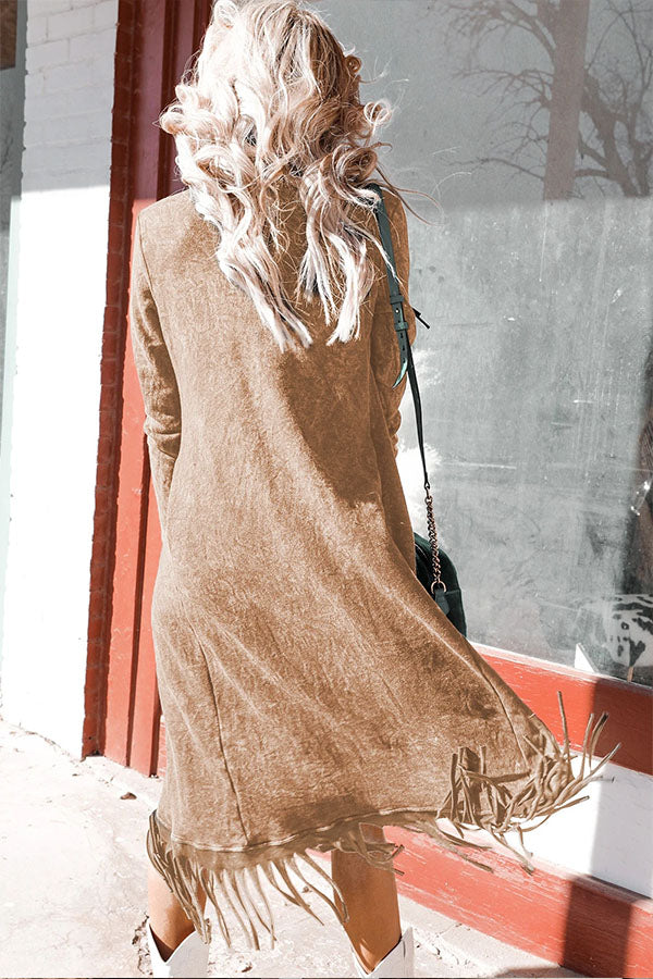 Mineral Washed Tassel Open Front Long Cardigan