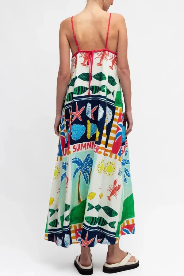 Summer-themed Printed Square Neck Sleeveless Pocket Loose Maxi Dress