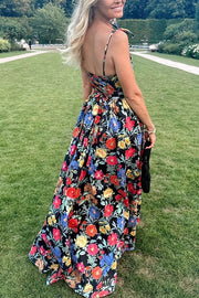 Garden Wedding Floral Print Back Tie-up Pocketed Slit Maxi Dress