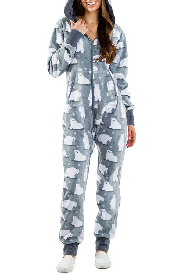 Christmas Print Zipper Pocketed Hooded Loungewear Jumpsuit