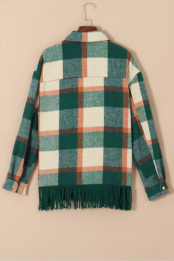 Plaid Snap Button Pocket Fringed Hem Shacket