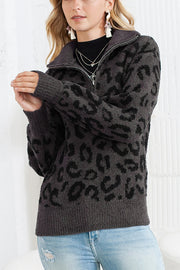 Casual Animal Print Zipped Collared Sweater