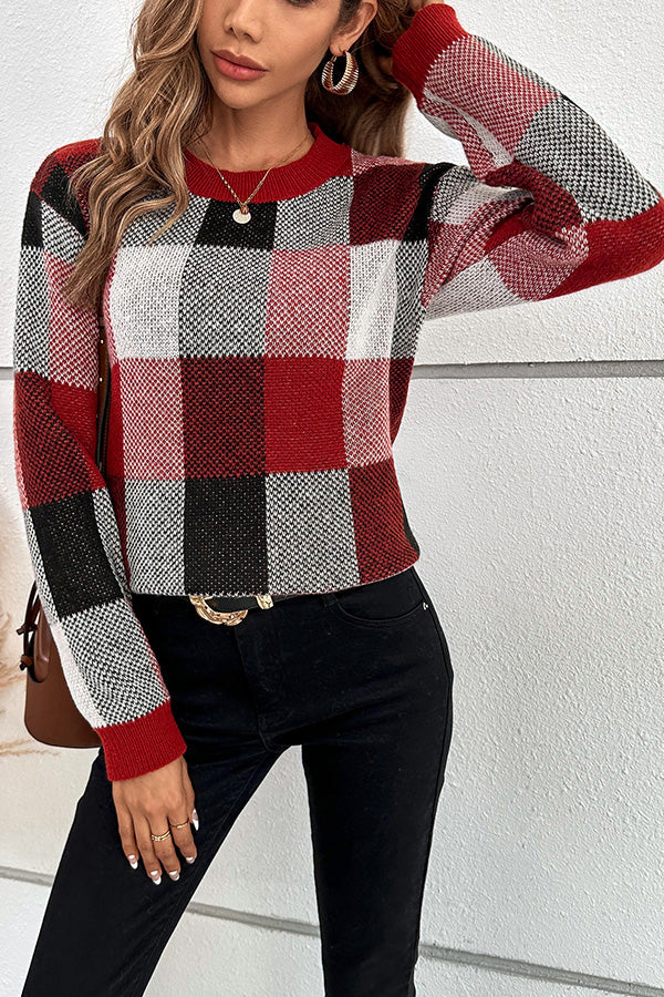 Color block plaid round neck pullover sweater