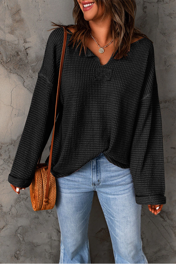 Dusk Blue Waffle Split V Neck Drop Shoulder Long Sleeve Top