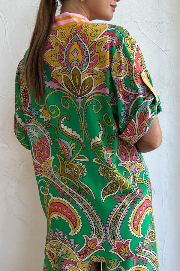 Free Me Today Satin Paisley Print Button Down Oversized Blouse