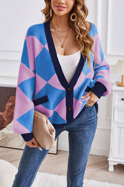 V-neck geometric patchwork contrasting knitted cardigan casual loose jacket