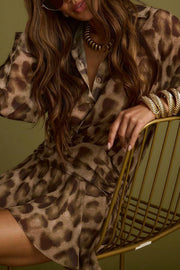 Sexy and Stunning Leopard Long Sleeve Drop Waist Shirt Mini Dress