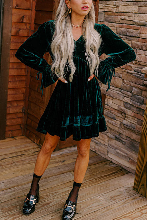 Blackish Green V Neck Lace Up Sleeve Ruffled Velvet Dress