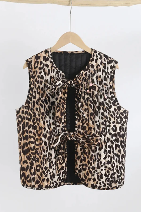 Leopard Print Lace-up Bow Sleeveless Statement Vest Top