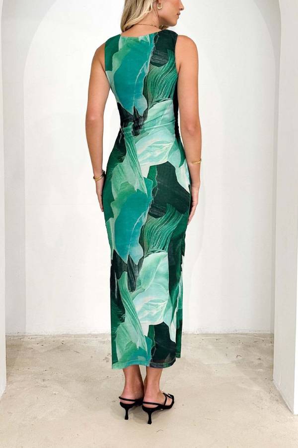 Art Print Sleeveless Fitted Maxi Dress