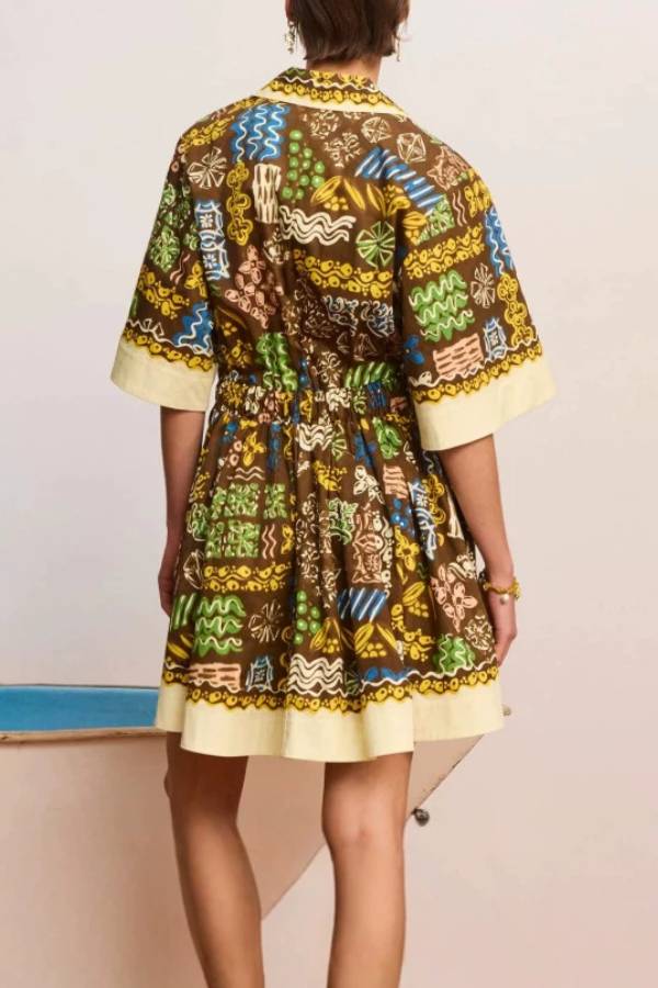 Vintage Geometric Print Waist Cinched Shirt Mini Dress