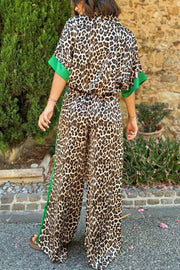 Leopard Print Color Block Short Sleeve Loose Shirt and Elastic Waist Pocket Pants Set