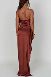 Fits Your Curves Satin One Shoulder Drape Slit Maxi Dress