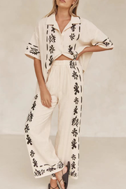 Loose Lapel Printed Top Casual Holiday Pants Set