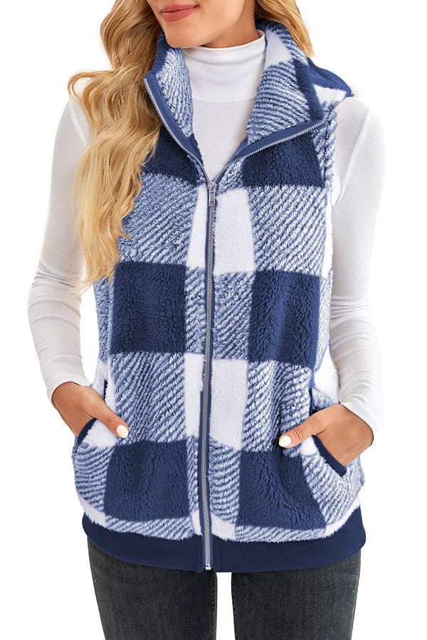 Plaid thickened double-sided velvet cardigan vest stand collar sleeveless vest jacket