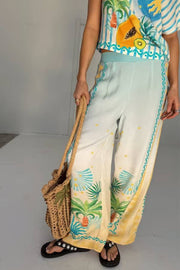 See You in Rio Tropical Fruits Print High Rise Elastic Waist Wide Leg Pants