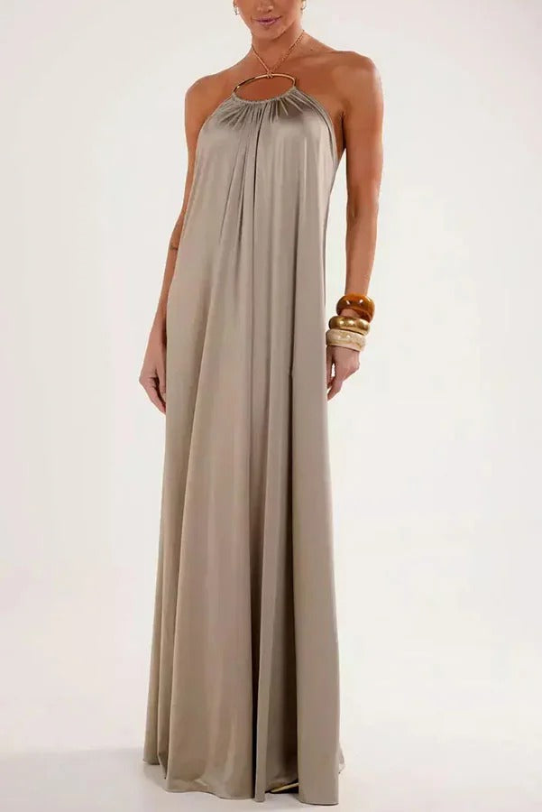 Ocean Goddess Metal Circular Chain Halter Backless Vacation A-line Maxi Dress