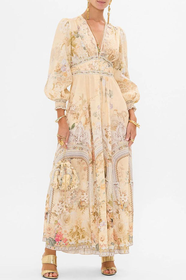 Printed V-neck Long-sleeved Puff Sleeve Waist Maxi Dress