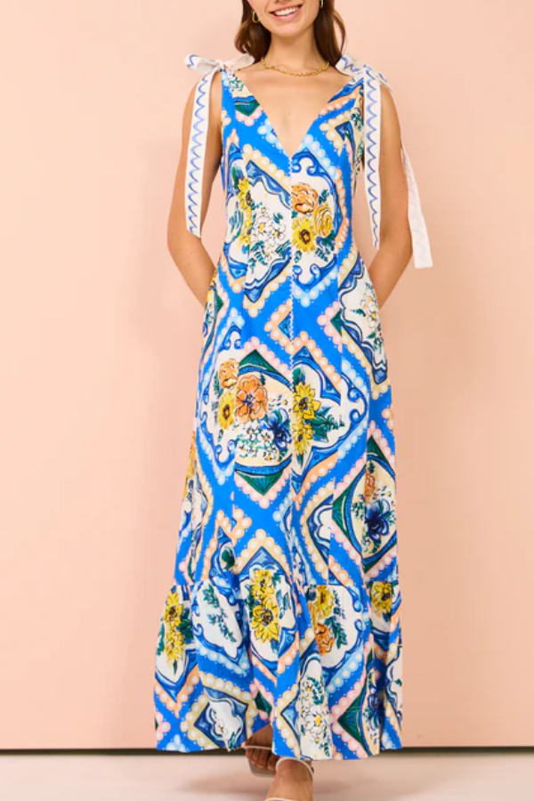 Tie Shoulder Maxi Dress In Azure Floral