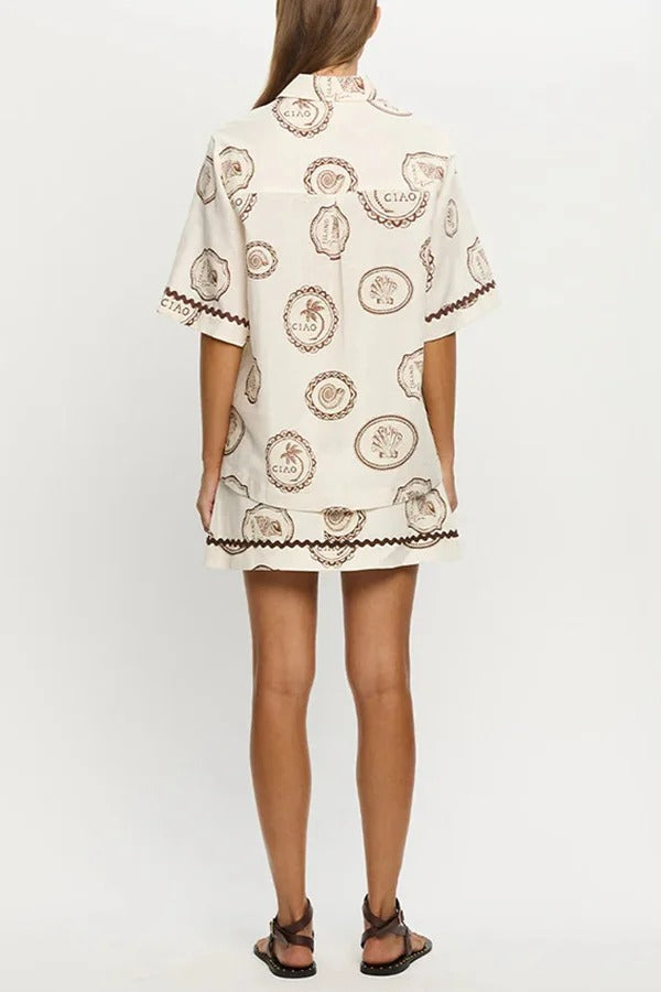 Resort Style Print Lapel Short Sleeve Shirt and Casual Mini Skirt Set
