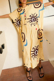 Helia Linen Blend Unique Print Drawstring Waist Kaftan Maxi Dress