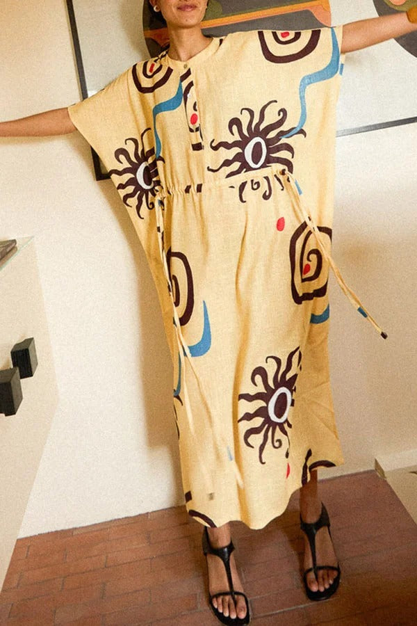 Helia Linen Blend Unique Print Drawstring Waist Kaftan Maxi Dress