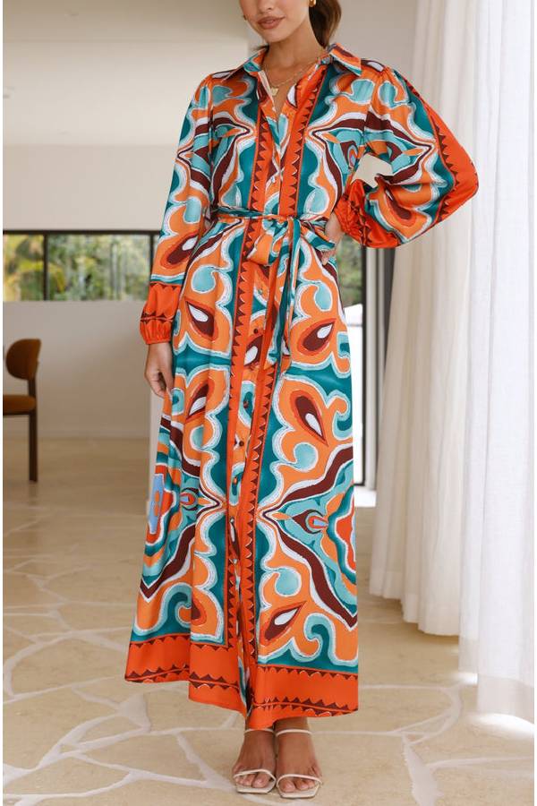 COLLARED BUTTON UP LONG BALLOON SLEEVE MAXI DRESS