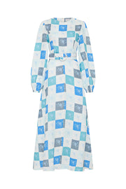 Blue Floral Tile Print Eyelet Belt Mid Sleeve Maxi Dress