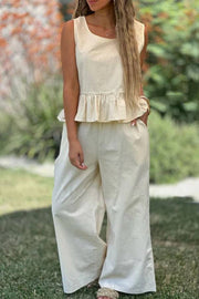 Cotton And Linen Solid Color Sleeveless Top & Wide Leg Pants Two-Piece Set