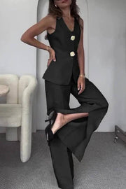 Solid Color Elegant Sleeveless Vest & Suit Pants Two-Piece Set