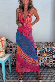 Tie-dye Print Ruffle Neck Halter Lace-up Backless Stretch Maxi Dress