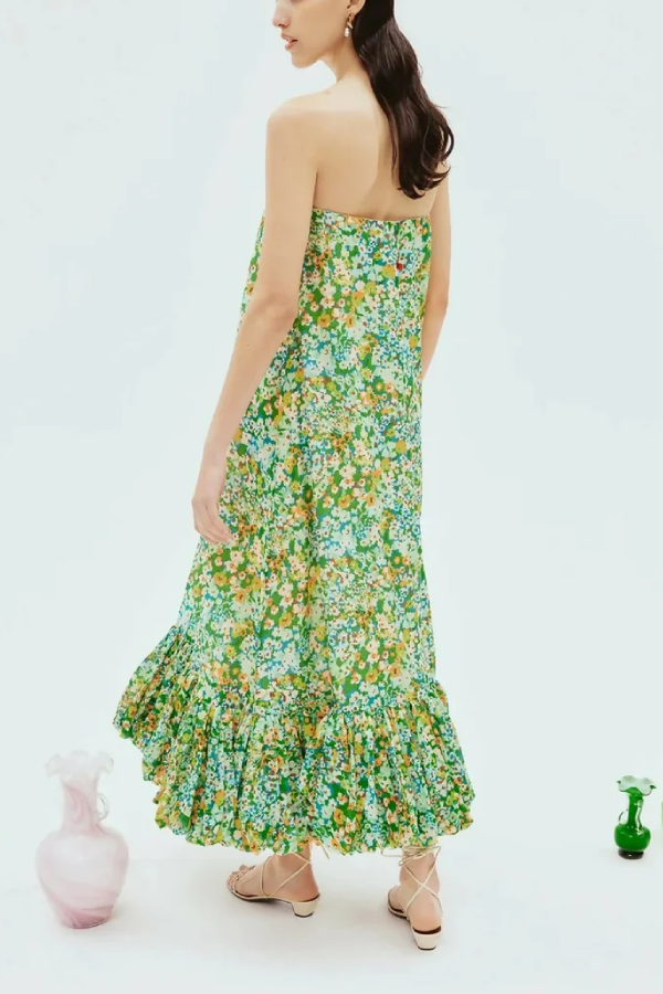 Green Floral Strapless Loose Dress