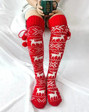 Christmas Elk Snowflake Print Pom Pom Socks