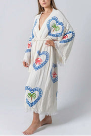 Linen Blend Unique Print Belt Swimwear / Lounge Cover-up Robe