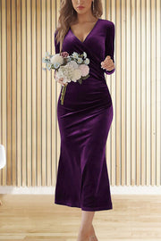 Velvet V-neck pleated hip skirt elegant fishtail slim dress evening dress