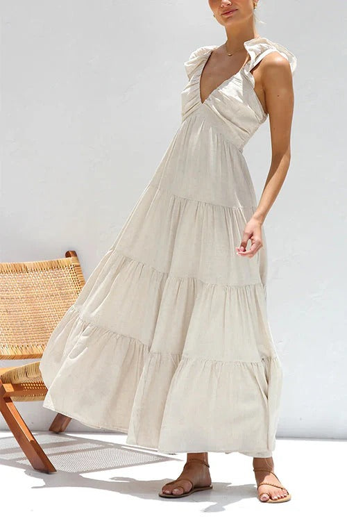 V Neck Ruffle Trim Tiered Sleeveless Linen Maxi Dress