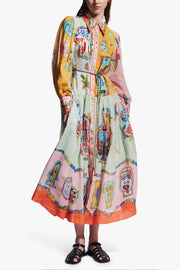 Set for Vacay Unique Print Colorblock Balloon Sleeve Belt Shirt Maxi Dress