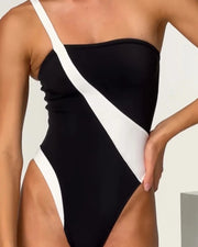 Women's contrasting color one-shoulder swimsuit