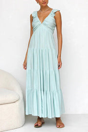 V Neck Ruffle Trim Tiered Sleeveless Linen Maxi Dress