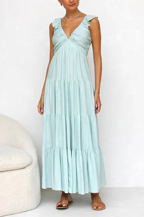 V Neck Ruffle Trim Tiered Sleeveless Linen Maxi Dress