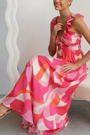 Unique Printed V-neck Ruffled Straps Pleated Back Maxi Dress