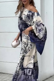 Artistic architectural print off-the-shoulder wide-sleeved wide-leg pants suit