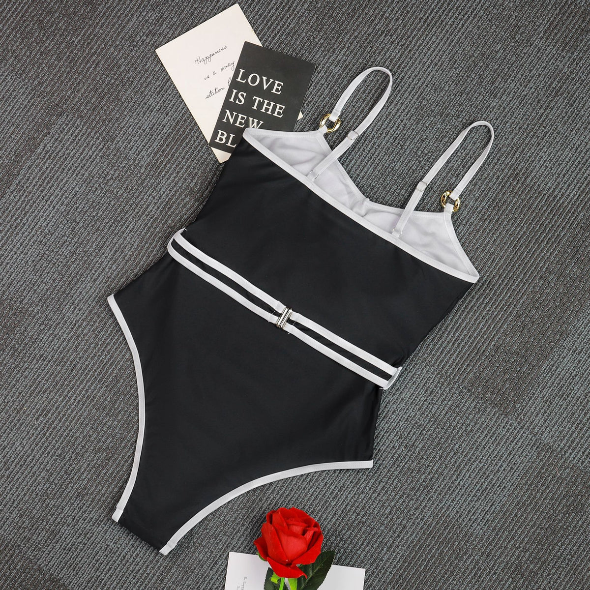 Black & White Contrast Metal Buckle Belt One-Piece Swimsuit