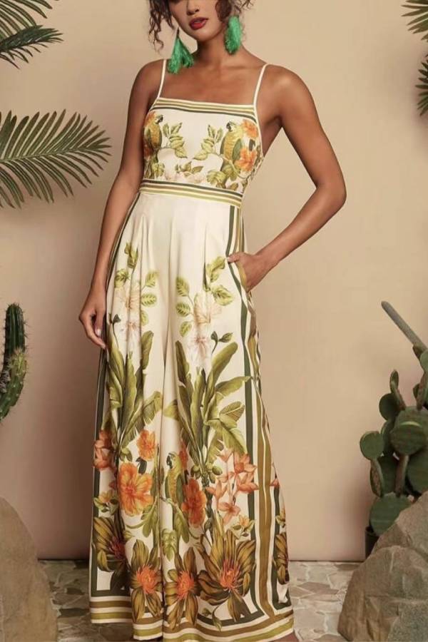 Multi-Color Tropical Floral & Parrot Print Cami Wide Leg Jumpsuit