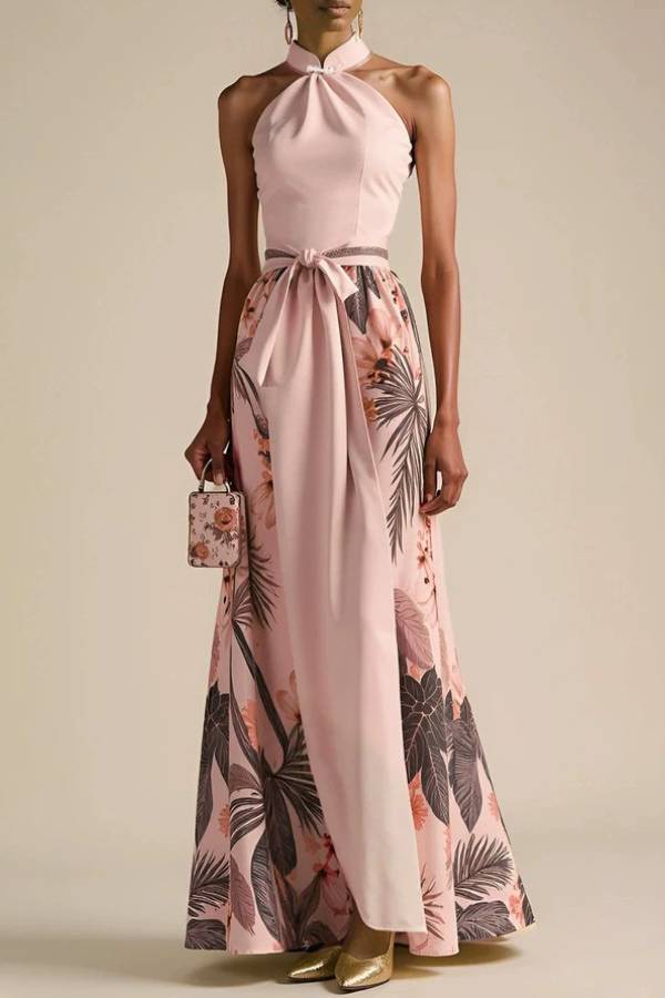 New Chinese Halter Frog Button Tropical Floral Maxi Evening Dress